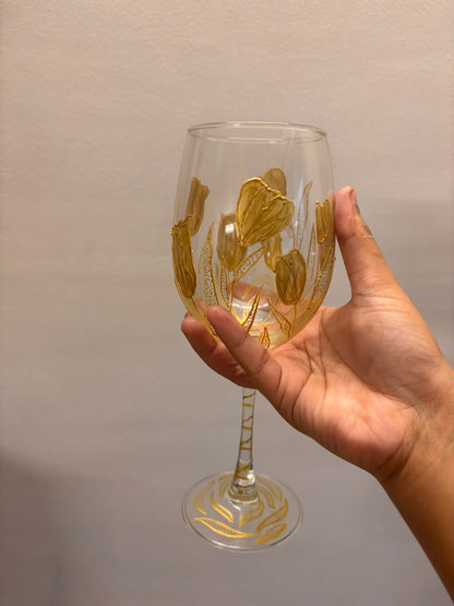 Golden Bloom Hand-Painted Wine Glass Set of 2