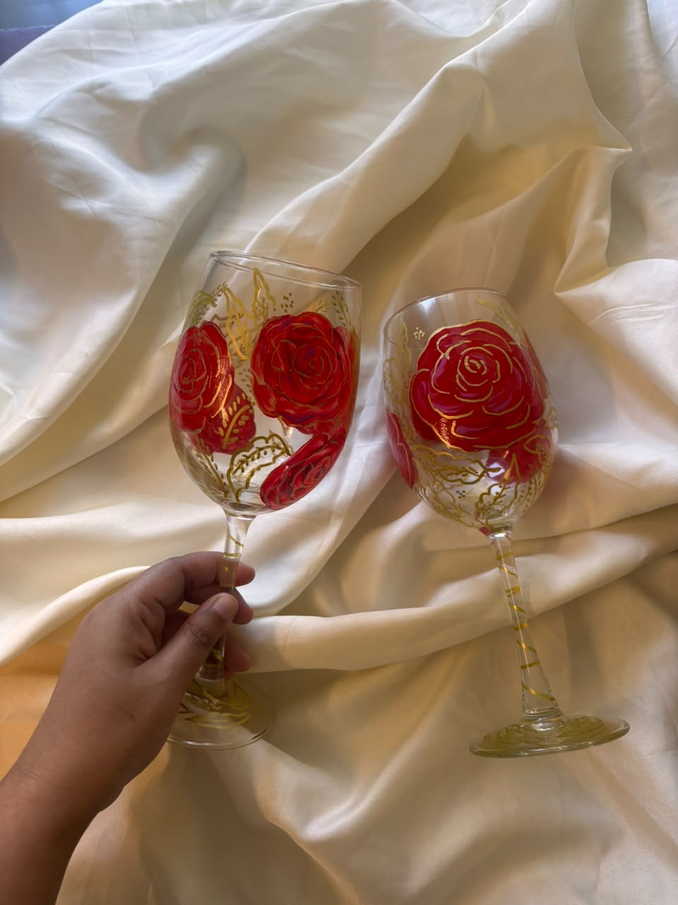 Crimson Rose Hand-Painted Wine Glass Set of 2