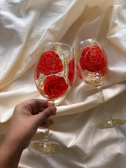 Crimson Rose Hand-Painted Wine Glass Set of 2
