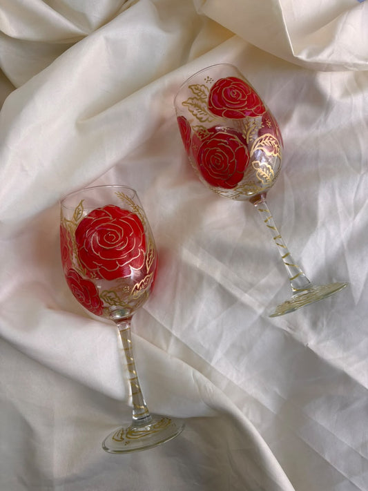 Crimson Rose Hand-Painted Wine Glass Set of 2