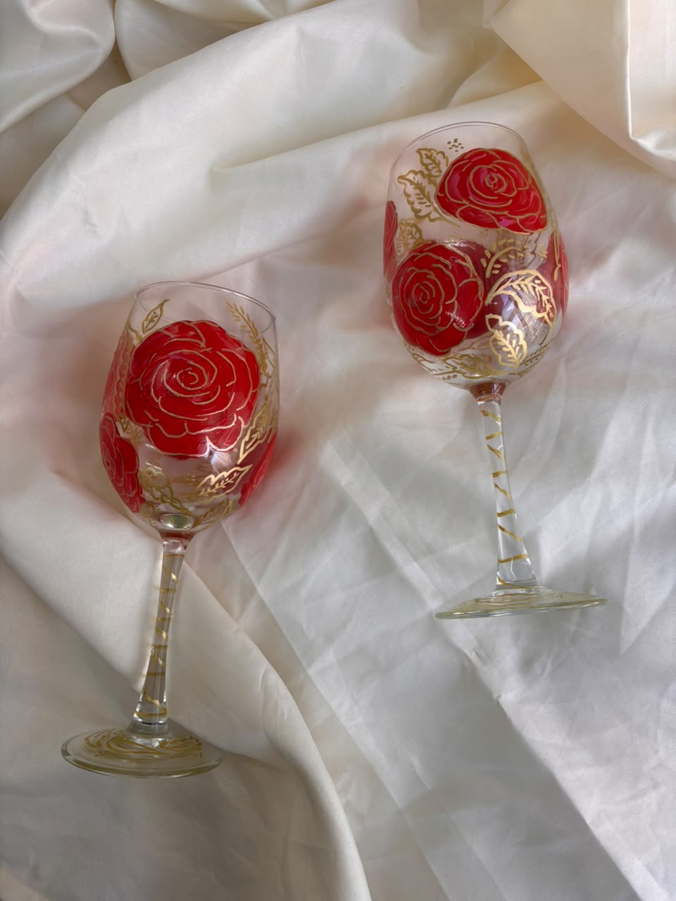 Crimson Rose Hand-Painted Wine Glass Set of 2