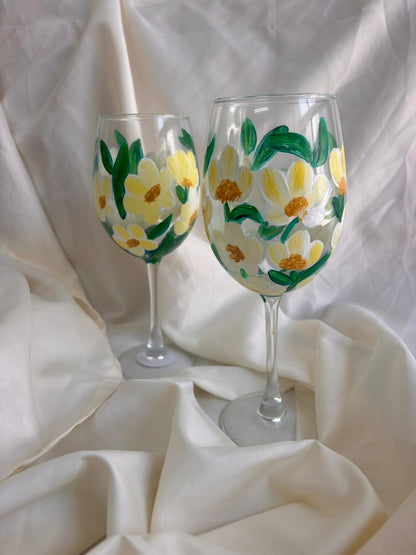 Daisy Meadow Hand-Painted Wine Glass Set of 2