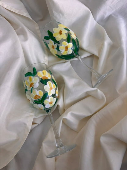 Daisy Meadow Hand-Painted Wine Glass Set of 2