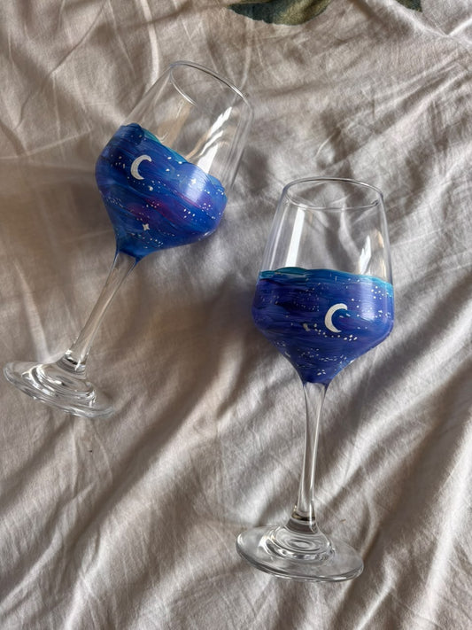 Midnight Sky Hand-Painted Wine Glass Set of 2