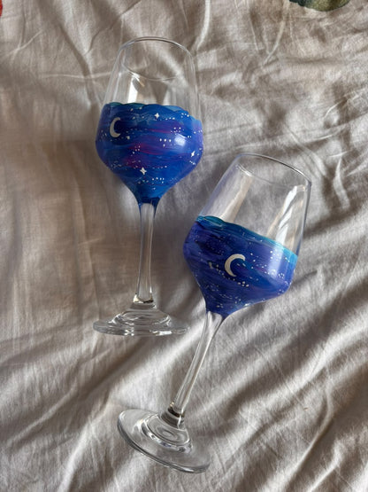 Midnight Sky Hand-Painted Wine Glass Set of 2