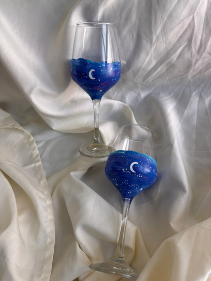 Midnight Sky Hand-Painted Wine Glass Set of 2