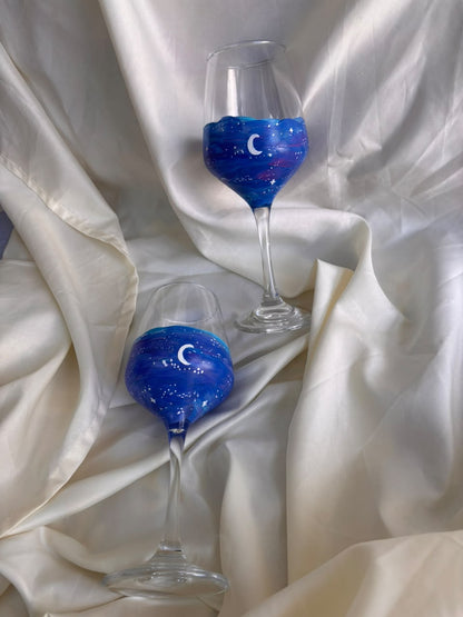 Midnight Sky Hand-Painted Wine Glass Set of 2