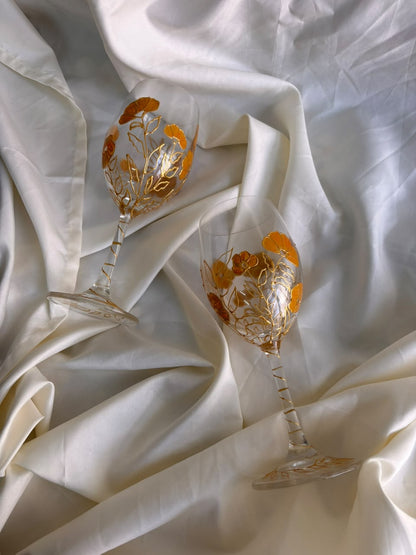 Golden Petal Hand-Painted Wine Glass Set of 2