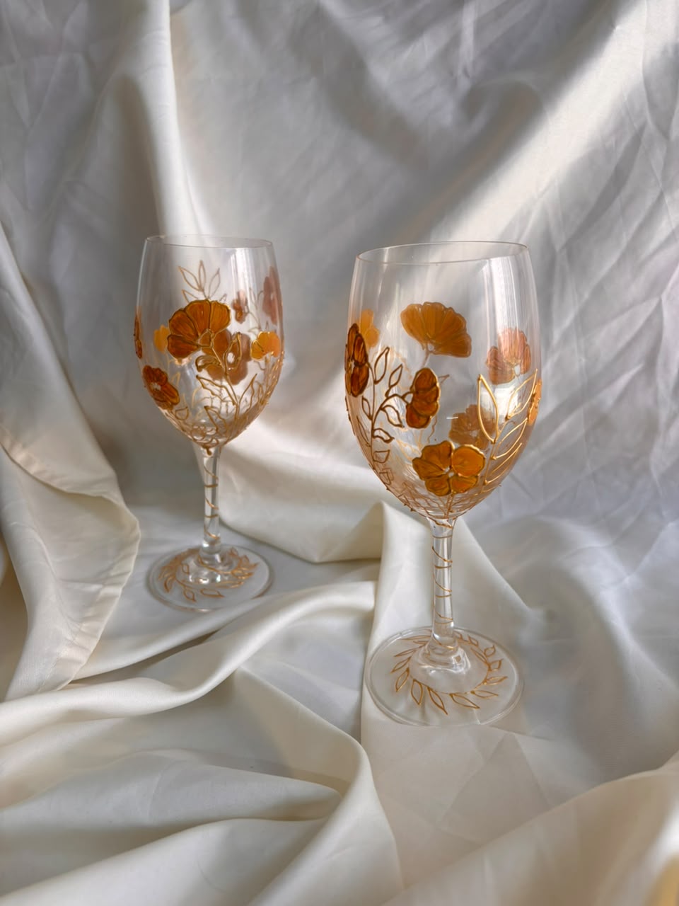 Golden Petal Hand-Painted Wine Glass Set of 2