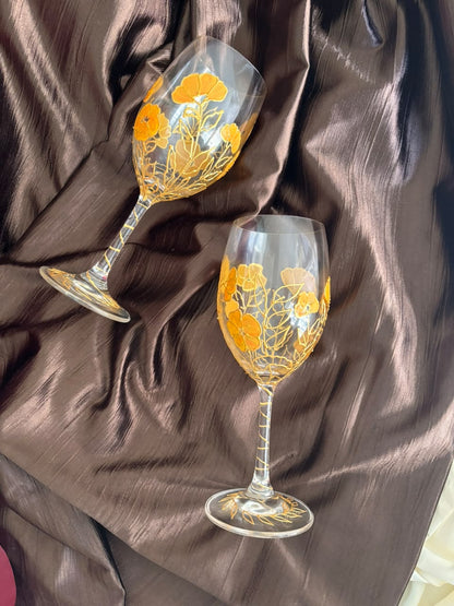 Golden Petal Hand-Painted Wine Glass Set of 2