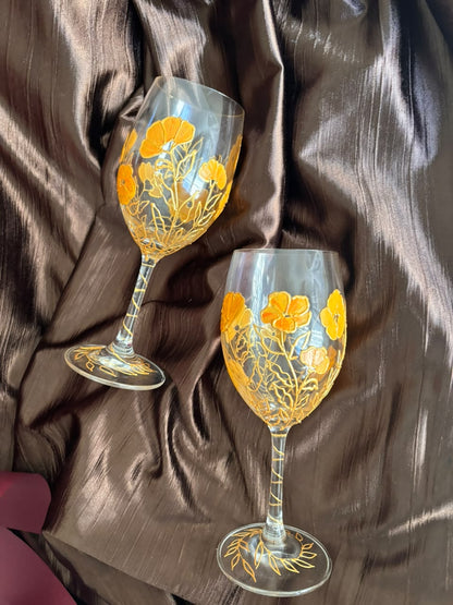 Golden Petal Hand-Painted Wine Glass Set of 2