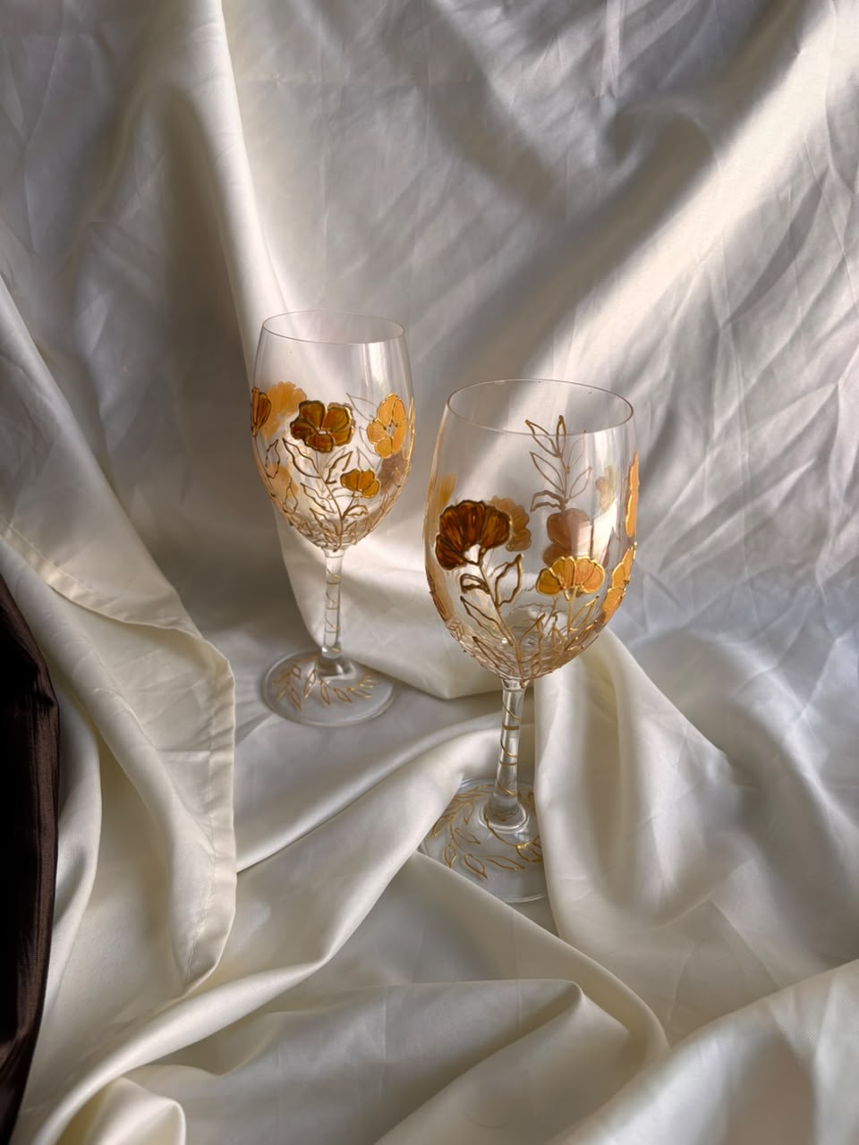 Golden Petal Hand-Painted Wine Glass Set of 2