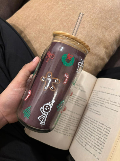 Christmas Glass Tumbler with Straw