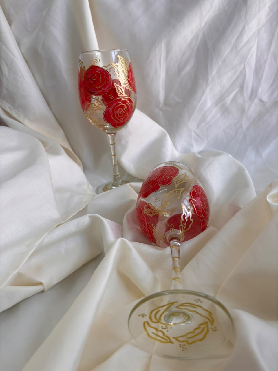 Crimson Rose Hand-Painted Wine Glass Set of 2