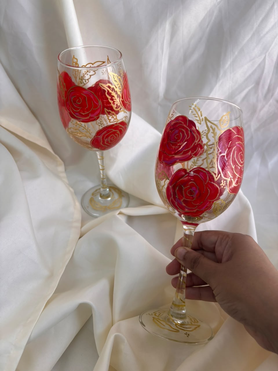 Crimson Rose Hand-Painted Wine Glass Set of 2