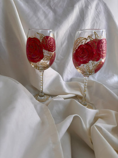Crimson Rose Hand-Painted Wine Glass Set of 2