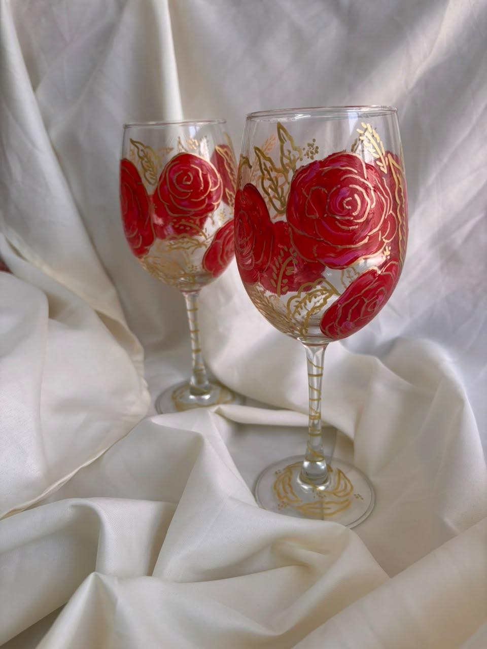 Crimson Rose Hand-Painted Wine Glass Set of 2