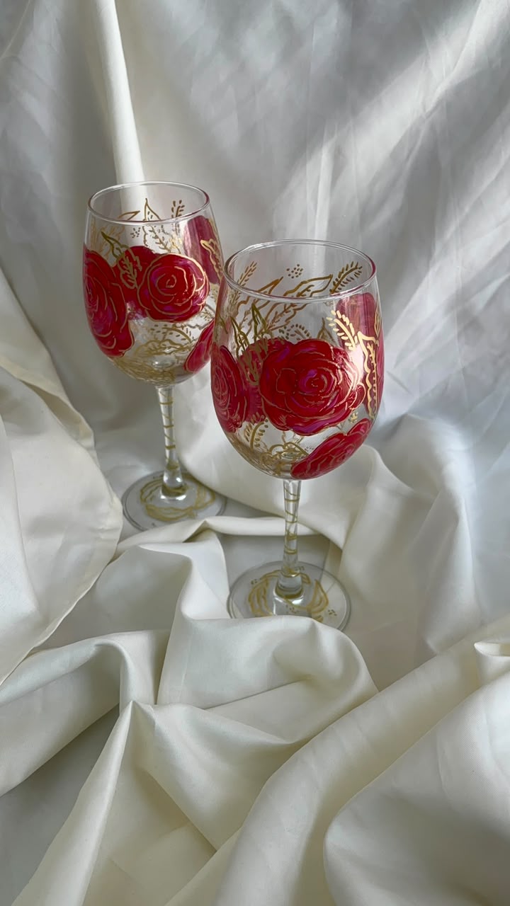 Crimson Rose Hand-Painted Wine Glass Set of 2