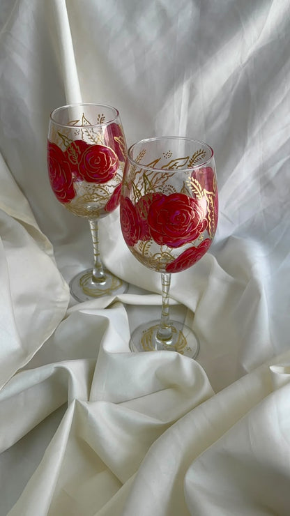 Crimson Rose Hand-Painted Wine Glass Set of 2
