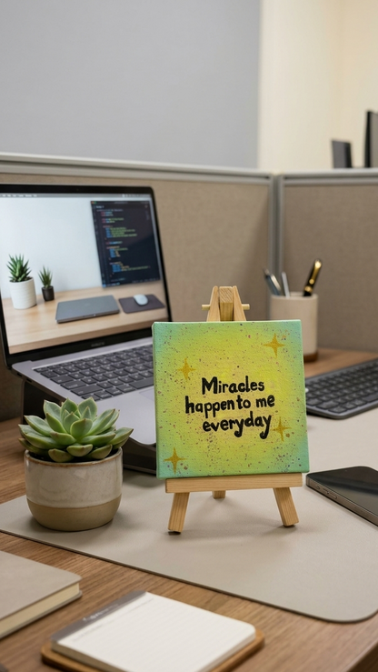A small square canvas print with the phrase 'Miracles happen to me everyday' in black text, displayed on a wooden easel at a desk. The canvas has a yellow-to-green gradient background with small gold star details.