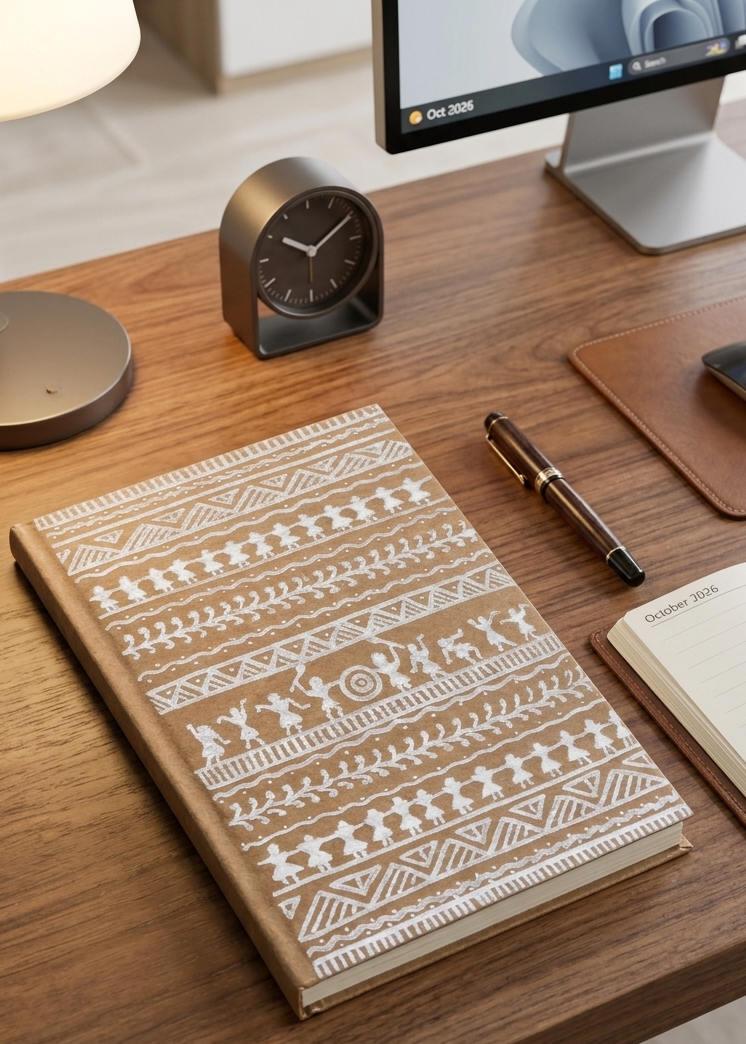 A brown leather-bound notebook with a white geometric patterned cover lies on a wooden desk next to a pen, a small open notepad, a desk clock, a lamp, and a computer mouse.