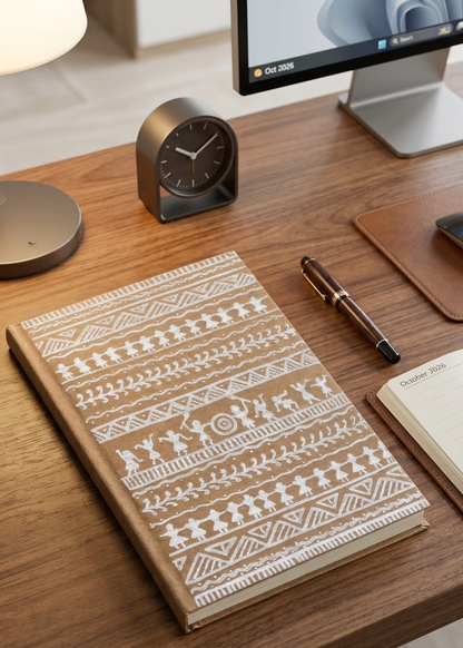 A brown leather-bound notebook with a white geometric patterned cover lies on a wooden desk next to a pen, a small open notepad, a desk clock, a lamp, and a computer mouse.