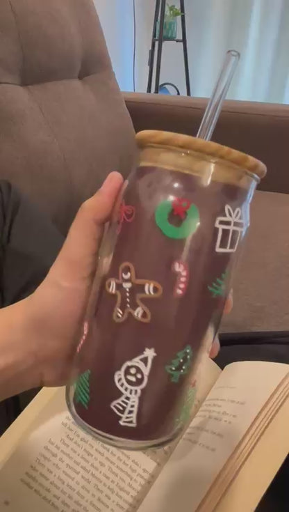 Christmas Glass Tumbler with Straw