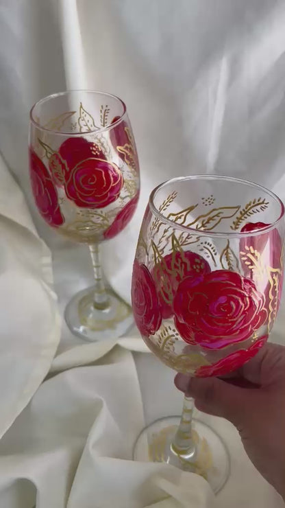 Crimson Rose Hand-Painted Wine Glass Set of 2