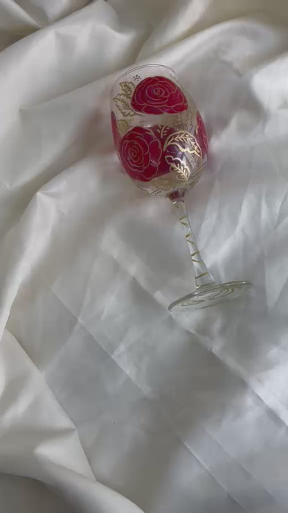 Crimson Rose Hand-Painted Wine Glass Set of 2