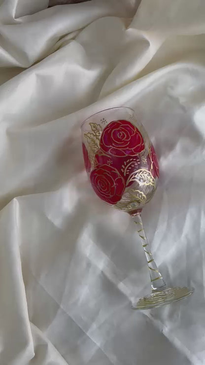Crimson Rose Hand-Painted Wine Glass Set of 2