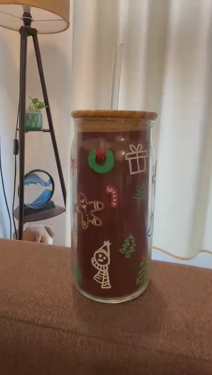 Christmas Glass Tumbler with Straw