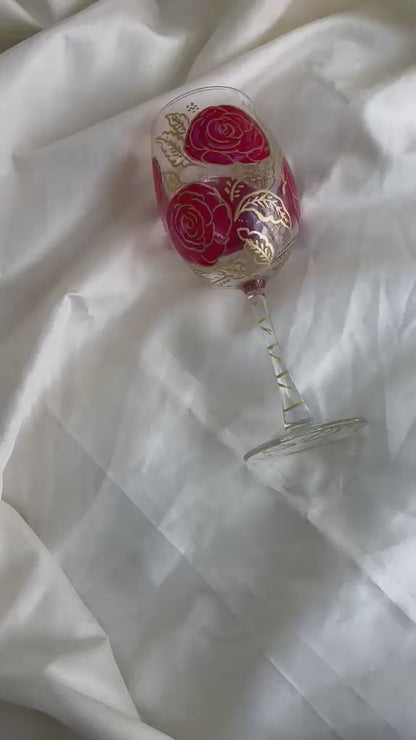 Crimson Rose Hand-Painted Wine Glass Set of 2
