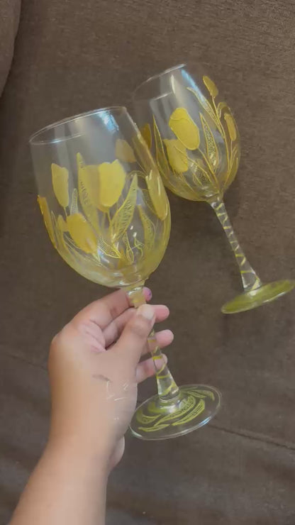 Golden Bloom Hand-Painted Wine Glass Set of 2