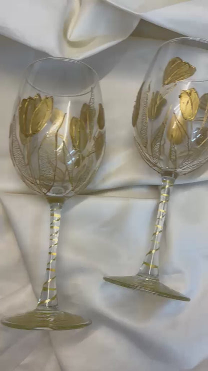 Golden Bloom Hand-Painted Wine Glass Set of 2