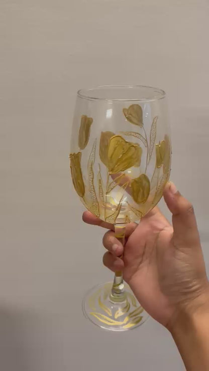 Golden Bloom Hand-Painted Wine Glass Set of 2