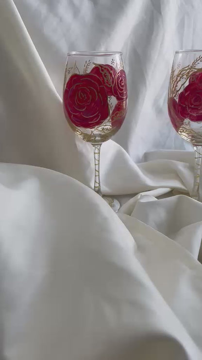 Crimson Rose Hand-Painted Wine Glass Set of 2