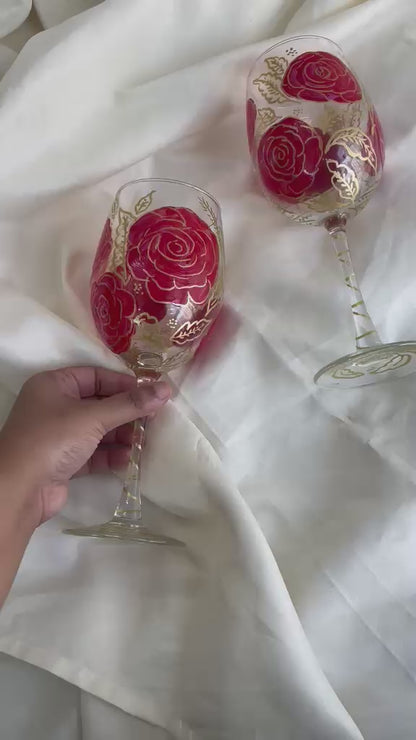 Crimson Rose Hand-Painted Wine Glass Set of 2
