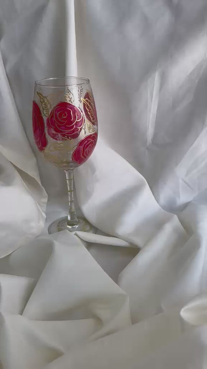 Crimson Rose Hand-Painted Wine Glass Set of 2