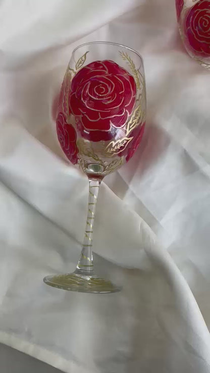 Crimson Rose Hand-Painted Wine Glass Set of 2
