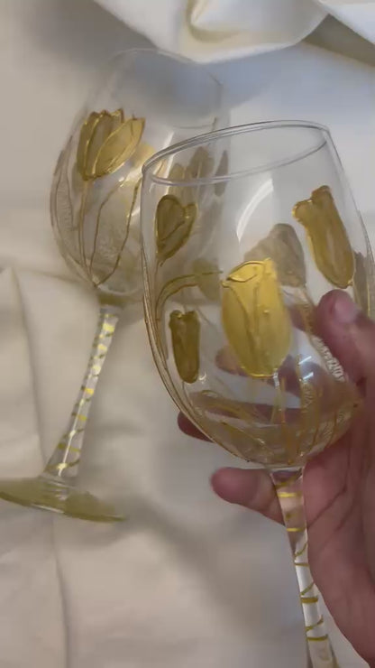 Golden Bloom Hand-Painted Wine Glass Set of 2